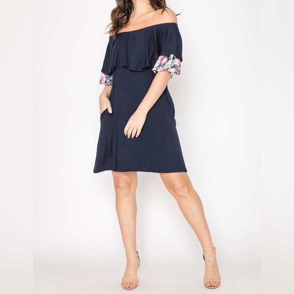Eloges • Navy & Floral Lace Ruffle Off Shoulder Dress - Picture 1 of 16